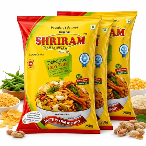 Image of SHRIRAM TAMTAMWALA Delicious Tamtam Regular Mixture Namkeen | Vadodara Special Tamtam Mix | Tasty & Crunchy Tea-Time Snack | Crispy Traditional Recipe (250g, Pack of 3)