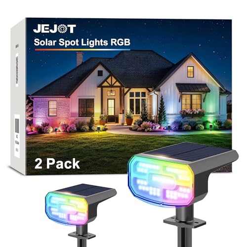 Image of JEJOT Solar Spot Lights Outdoor Waterproof, Solar Spotlights, 2 Pack | 8 Lighting Modes, 120 Adjustable Solar Lights for Yard Garden Lawn Landscape Pathway, Multicolor
