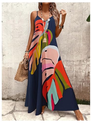 Image of GORGLITTER Women's Sleeveless V Neck Oversized Maxi Long Dress Boho Bump Friendly Graphic Casual Beach Flowy Sun Dress