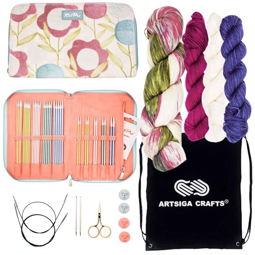 KnitPro Sweet Affair Knitting Set - 5 x 4.5in. Interchangeable Tips, 5 x 6in. Double Point Sets, 4 Skeins Terra Yarn (175gr), 6 Project Inspirations, 2 Cases with Project Bag