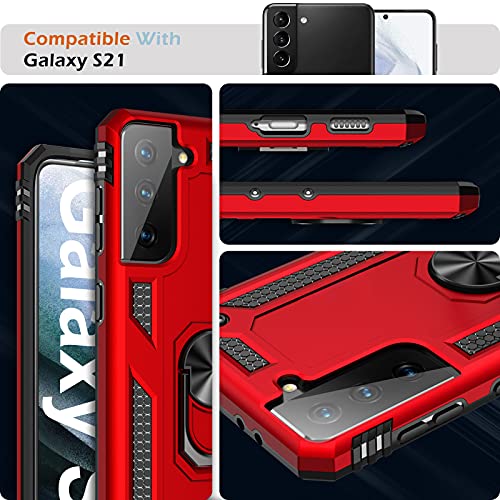 Image of Case for Samsung Galaxy S21 5G Case Heavy Duty with Built in Screen Protector Hard Armor Military Anti-Fall Bumper Cover for Samsung S21 5G 6.2 2021 Phone Cases with Magnetic Ring Kickstand Red