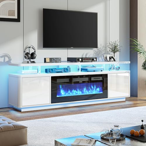 OneBlis 70' Fireplace TV Stand with Double LED Lights for TVs UP to 80', Electric Fireplace Entertainment Center with Storage Cabinets, TV Console for Living Room, Office, White