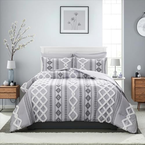 Image of MOVE OVER Gray Tufted Comforter Set Queen Size 7 Pieces Bed in A Bag Farmhouse Bedding Comforter Sets Boho Aztec Sheet Set and Comforter Set Modern Boho Tufted Bedding Set for All Seasons