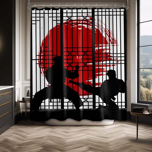 Image of Japanese Shower Curtain Japan Anime Asian Black and Red Shower Curtains for Mens Bathroom Decor Sets, Waterproof Cloth Fabric with Hooks, 70x72 Inch