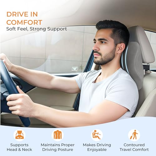 Image of CareFoam Memory Foam Car Neck Pillow for Driving Comfort - Ergonomic Headrest Cushion for Neck & Spine Support - Adjustable Strap, Breathable Washable Cover, Ideal for Long Drives | Grey Velvet