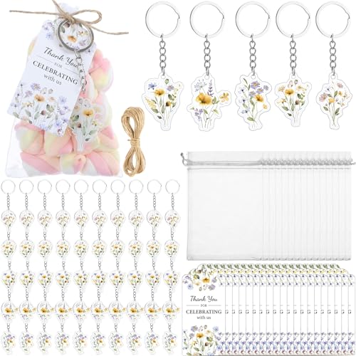 Equsion 50 Sets Wildflower Party Favors Acrylic Flower Keychains with Organza Bags and Thank You Tags Summer Floral Keychain Gift Set for Wedding Baby in Bloom Baby Shower Birthday Bachelorette Party