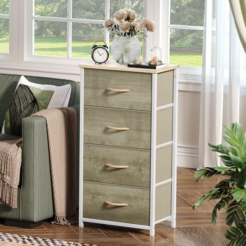 DWVO Dresser with 4 Drawers - Fabric Storage Tower, Organizer Unit for Bedroom, Hallway, Hallway, Closets - Sturdy Steel Frame, Wooden Top & Easy Pull Fabric Bins