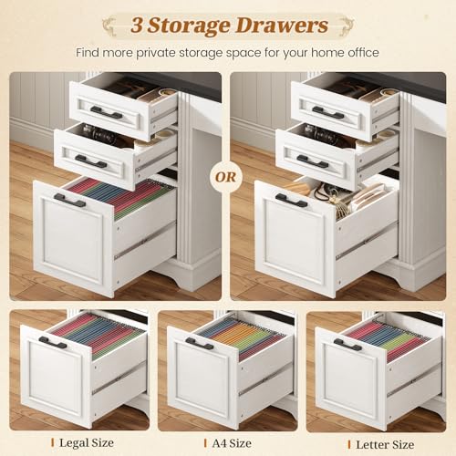 SEDETA 68.9 L-Shaped Office Desk with Hutch, 3 Drawers, and Power Outlet for Home Office - White