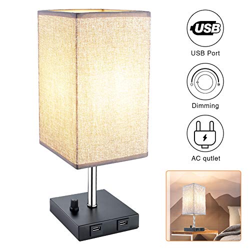 USB Bedside Table Lamp - GEEDIAR Nightstand Lamp with Stepless Dimming,2 Fast USB Charging Port,Grey Unique Fabric Lampshade Desk Lamp for Bedroom, Living Room, Study Room,Office