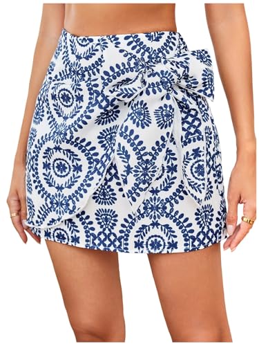 Image of Milumia Women's Summer Boho Wrap Skirt Floral Print High Waisted Knot Side Short Vacation Beach Mini Skirt