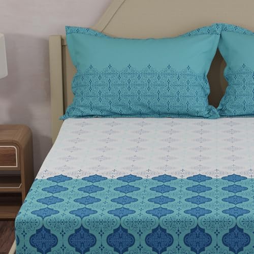 Image of Layers 100% Cotton King Size Bedsheet Set | Blue & White Ethnic Print | 120 TC Forever Collection | Soft & Breathable | Washable Bedsheet with 2 Pillow Covers | All Season
