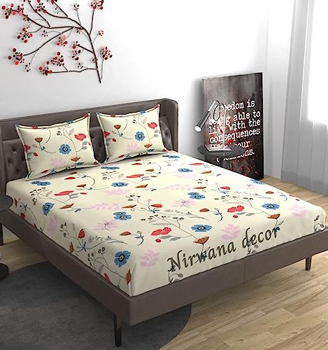 Image of Nirwana Decor Microfiber Fitzy Fitted Bedsheet Queen Size, Elastic Bedsheet, 60X78 + 10 Inches Drop,With 2 Pillow Covers (Fftzy-Twill-Red-Flower)