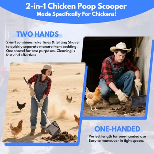 Image of VEEMI Chicken Poop Scooper Rake 2-in-1,304 Stainless Steel Shovel Head, Chicken Litter Scoop with Handle for Chicken Coop for Sand, Pet Waste Cleaning, Litter Sifting Shovel (35 to 65 inch) | Chicken Poop Scooper