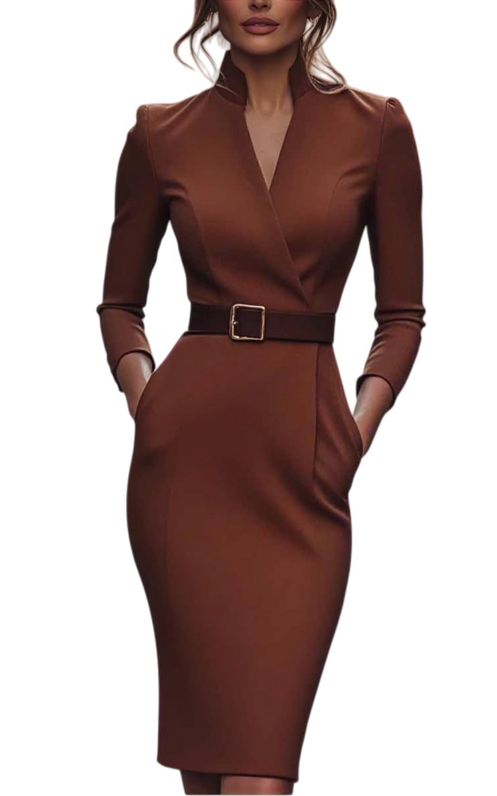 Autumn Winter Office Slim Dress Long Sleeve V-Neck Belted Semi-Formal Bodycon Knee-Length Dress