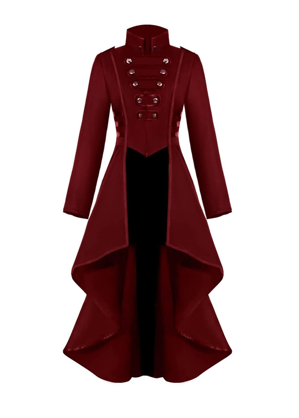 Women's Steampunk Vintage Tailcoat Jacket, Irregular Hem, Gothic Clothing, Victorian Frock Coat, Long Coat, Renaissance Medieval Cosplay Uniform, Halloween Costume for Women (Red, 2XL)