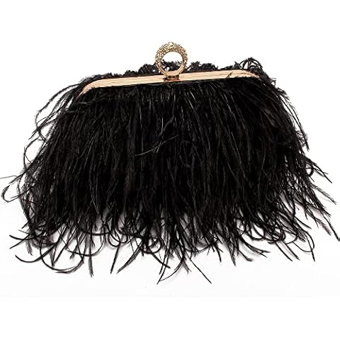 Women Real Natural Ostrich Feather Evening Bags Purses Clutch Vintage Banquet Handbag (black) Cover