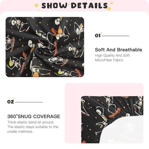 Image of Halloween Dancing Skeletons Crib Sheets Soft Breathable Fitted Baby Crib Sheets Mattress Cover for Girl Boys, 52 inch x 28 inch x 9 inch