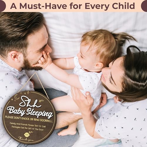 Image of Woodamore Shhh Baby Sleeping Sign for Front Door - Please Do Not Knock Or Ring Doorbell Sign, Baby Sleeping Door Sign, No Knocking Door Sign, No Soliciting Do Not Knock Sign