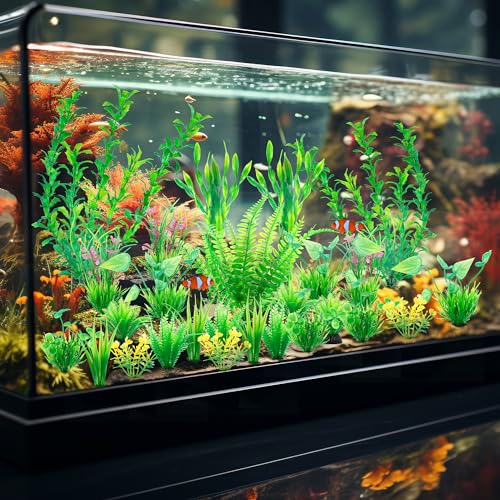 Ameliade Aquarium Plants Decorations 26 PCS Artificial Green Plastic Fish Tank Accessories Large Aquarium Decorations Goldfish Betta Fish Tank Decor