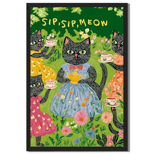 Whimsical Cat Tea Party Canvas Wall Art, Black Frame 12x16