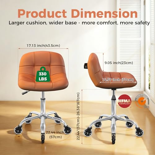 Image of Rolling Stool Chair with Wheels, Height Adjustable Stool with Back Support, Office Drafting Chair with PU Leather Cushion for Home Office Kitchen Vanity Salon Garage Tattoo Dentist Esthetician(Camel)