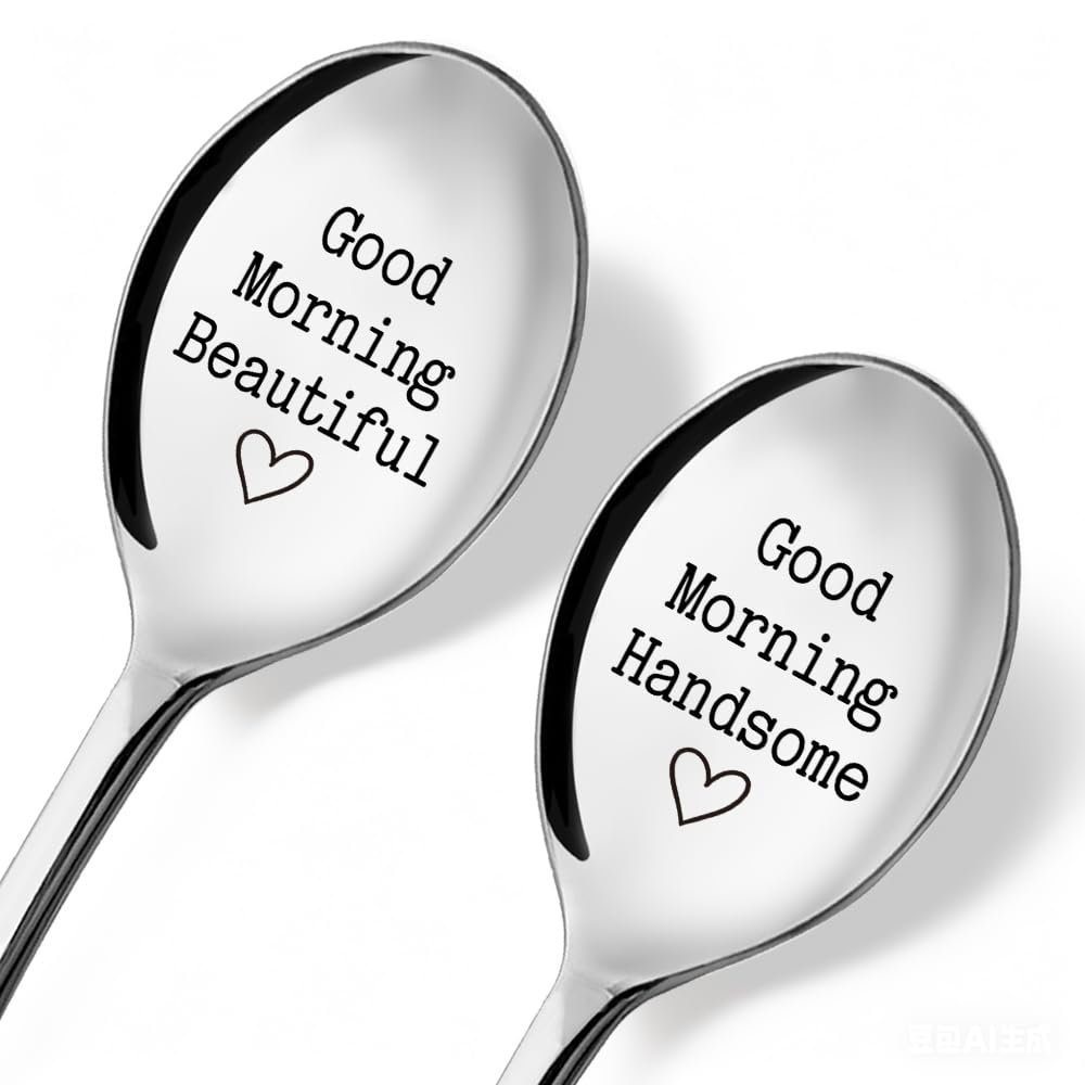 Good Morning Beautiful Handsome - 2 Pcs Spoon Set, Ice Cream Together Shovel for Couples, Perfect for Boyfriend Girlfriend Husband Wife Friends - Housewarming Birthday Anniversary Scoop Gifts