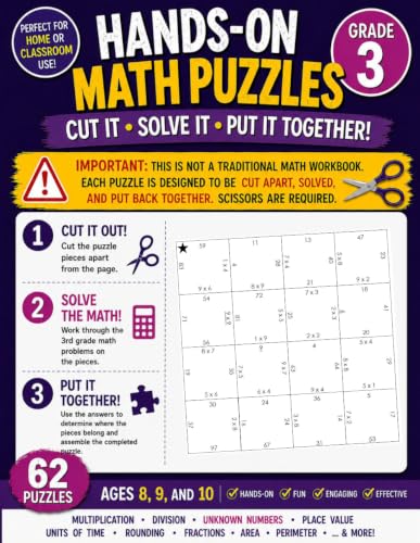 3rd Grade Math Puzzles: Kids Ages 8, 9, and 10: Multiplication, Division, Unknown Numbers, Place Value, Units of Time, Rounding, Fractions, Area, Perimeter, & MORE! (Elementary Math Puzzles)
