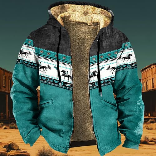 Western Cowboy Aztec Ethnic Winter Jackets for Men Vintage Graphic Sherpa Fleece Zip Up Heavy Warm Lined Coats2