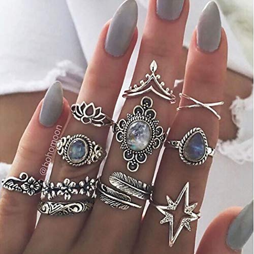 Reetan Boho Rhinestone Ring Set Silver Star Finger Rings Feather Carved Stylish Thumb Ring for Women and Girls(Pack of 11)