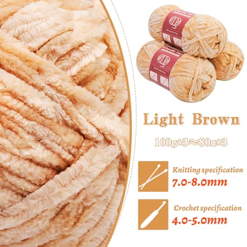 Image of LUNARM Chenille Yarn 3 Pack 3.5oz Chunky Blanket Velvet Yarn 263 Yard | Light Brown Chunky Chenille Yarn for Beginners Crocheting Hand Knitting Scarves with Big Eye Needles Machine Washable