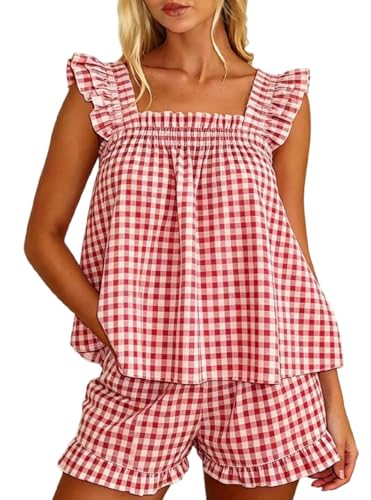 Image of ROAONOCOMO Women Floral Pajama Set Ruffle Babydoll Cami Top Coquette Pj Set Gingham 2 Piece Shorts Outfit Bridal Loungewear