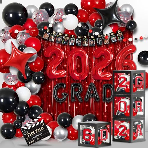 Image of Party Spot!2026 Red and Black Graduation Party Decorations,124 PCS Graduation Decorations Class of 2026,4 PCS Balloons Boxes with LED Light String & Letters 2026 GRAD So Proud of You