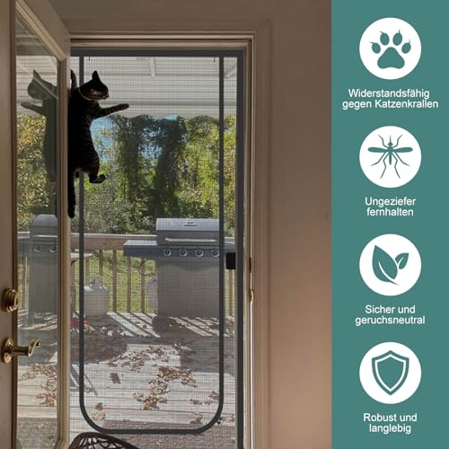 Earrck Katzengittertür, verstärkte Maschendrahtgittertür für die Einführung Neuer Katzen, Haustiere drinnen halten, Kratzfest, Reißverschluss, Schwarz (passend für Türgröße: 90cm x 210cm)