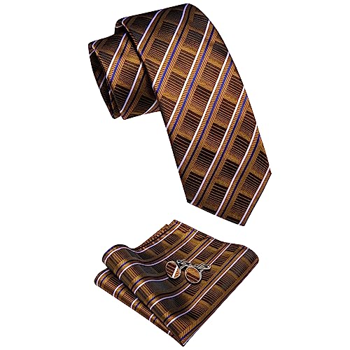 Image of YourTies Striped Ties for Men Classic Woven Silk Necktie with Handkerchief Cufflinks Set Formal Business Party Wedding