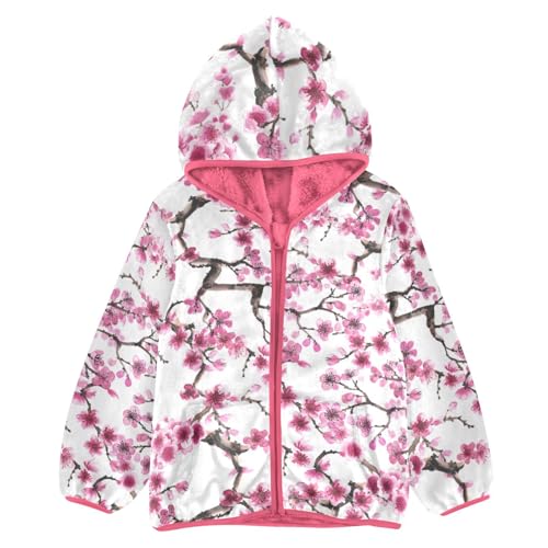 OTVEE Pink Cherry Blossoms Kids Hoodie Jacket Fall Spring Full Zip Warm Outwear Coat