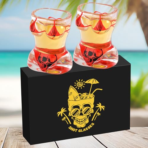 Bikini Lot de 2 Verres à Shot en Verre avec Motif Tête de Mort Logo, 30 ml, Verres à Shot à Base Lourde pour Whisky, Vodka, Brandy, Tequila, Durables et...