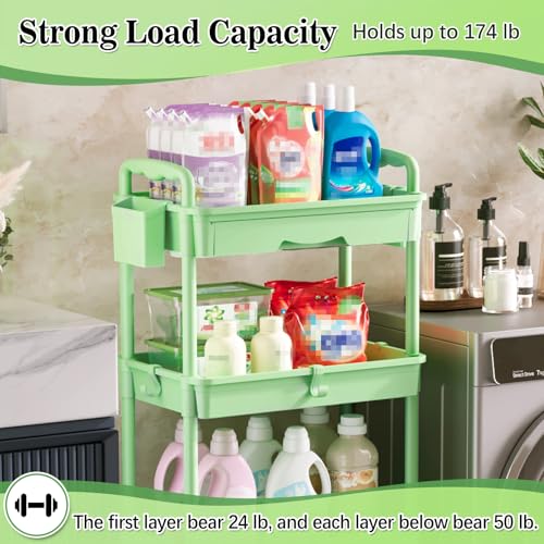 Image of SUNALLY 4 Tier Rolling Utility Cart with Drawer, Storage Organizer Cart with 2 Lockable Wheels, Multifunctional Rolling Storage Cart for Bathroom, Kitchen, Craft, Makeup, Baby Essentials, Green