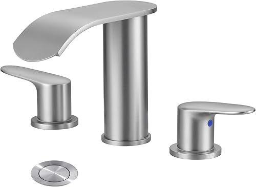 WOWOW Grifo de baño tipo cascada, 3 agujeros de 8 pulgadas, grifo de lavabo de baño de dos asas, con mangueras de drenaje emergente y suministro,