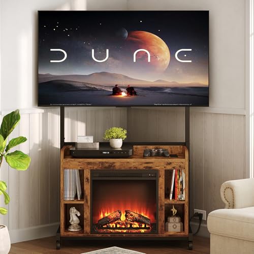 RALGEND Fireplace TV Stand with Mount for 55/60/65/75 inch TVs Corner Entertainment Center with Power Outlet and 18 Electric Fireplace Height Adjustable TV Console for Living Room Rustic and Black