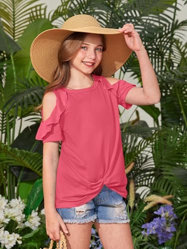 Image of BesserBay Girls Cold Shoulder Tops Twist Front Tunic Ruffle Sleeve Summer Blouses 5-14 Years