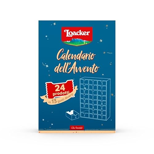 Loacker, Calendario dell'Avvento 2025 con 24 Bontà Loacker, Wafer e Cioccolatini in 11 Gusti Diversi, Cofanetto Blu con Cartone Riciclabile e Cassettini Riutilizzabili, Idea Regalo per Natale