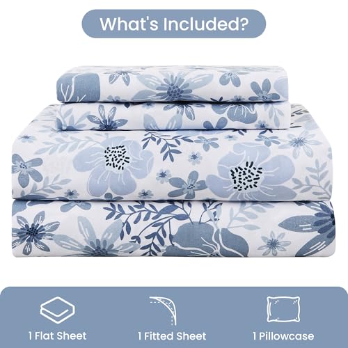 Image of Mooreeke Twin Size Sheets Set - 3 Piece Soft Breathable Microfiber Bed Sheet Set - Blue & White Flower Pattern Sheet Set Full - Deep Pocket Non-Slip Floral Fitted Sheet Included for All Season
