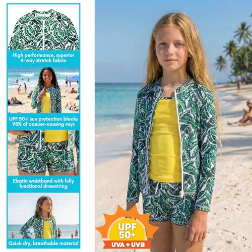 Image of SwimZip Girls' 3 Pc Swim Set w /Long Sleeve Rash Guard, Tankini & Shorts UPF 50+
