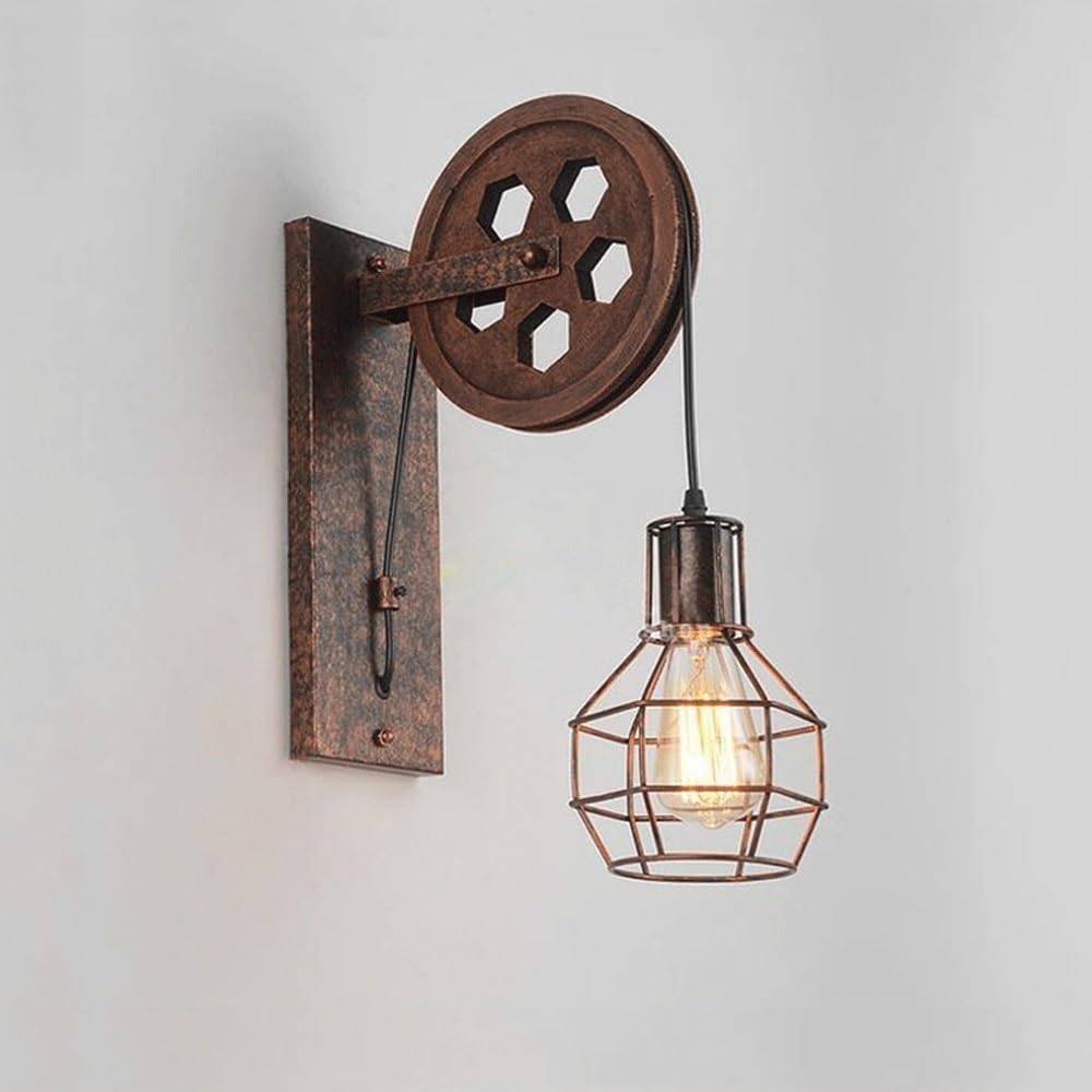 BLOOHK Industrial Wall Sconce, Vintage Pulley Wall Light with Metal Wire Cage, Antique Bronze Retro Steampunk Fixture for Farmhouse, Kitchen, Bar, Dining Room