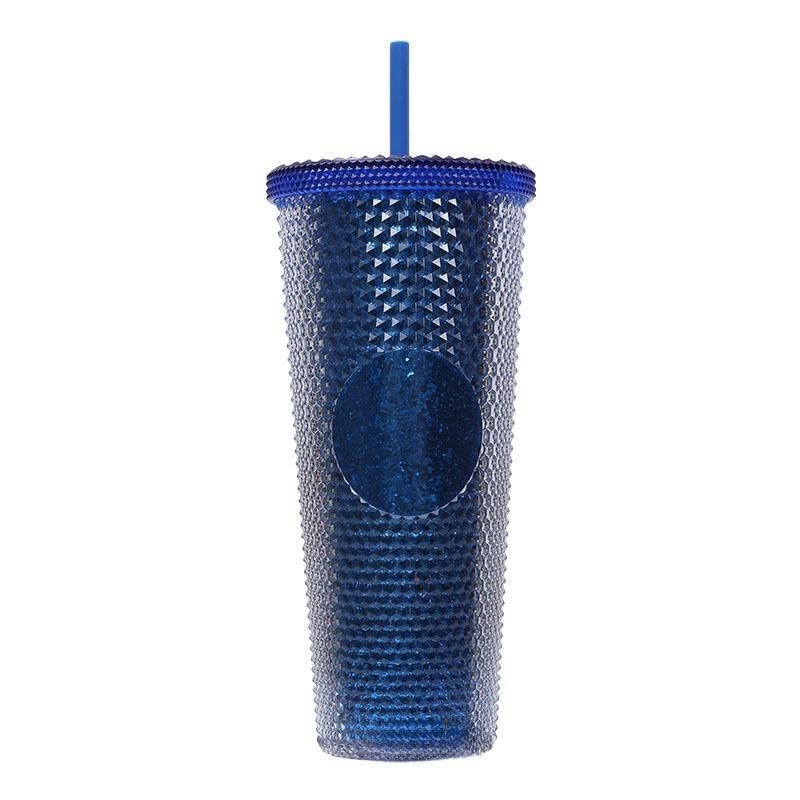 BBTISG 710ml Rivet Cup with Lid and Straw, Double Layer Reusable Ice Coffee Juice Cup for Children Adults Cold for Home, Office, Travel, School (Clear Sapphire Blue Glitter)