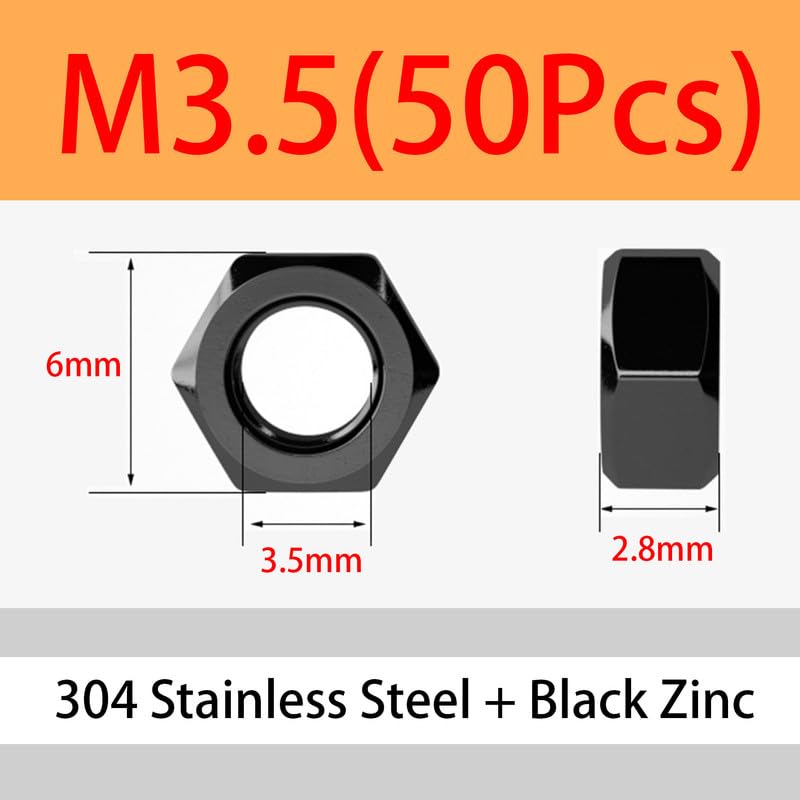 Hex Nuts 304 Stainless Steel Black Zink Plating Machine Nuts Lock Screw Caps Full Thread Metric Fasteners M3.5 (50 Pcs)