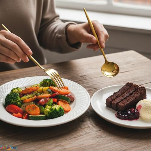 Image of Slim Handle Gold 8 Pcs Stainless Steel Cutlery Set for Dining Table, Dishwasher Safe Glossy Flatware (2 Spoon Set + 2 Forks Set + 2 Butter Knife + 2 Dessert Spoon)