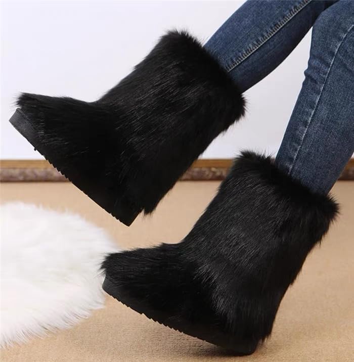 Image of Valpeak Snow Boots for Women 2024 Furry Boots Winter Knee High Flat Heel Fluffy Faux Fur Boots