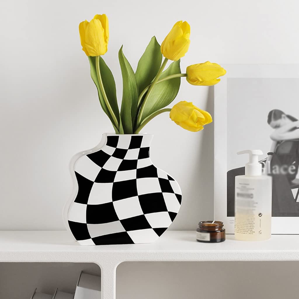 Vaso decorativo con reticolo bianco e nero dipinto a mano for la...