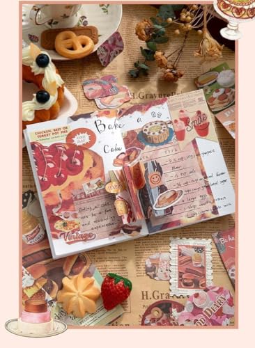 Image of yifely Paper Vintage Aesthetic Scrapbook Kit Scrapbooking Supplies Kit with Bullet Junk Journal,Stationery,A6 Grid Notebook with Graph Ruled Page DIY Journaling Gift for (Food Diary)
